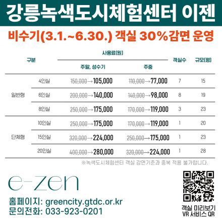 강릉녹색도시체험센터 이젠 객실 감면 운영 안내