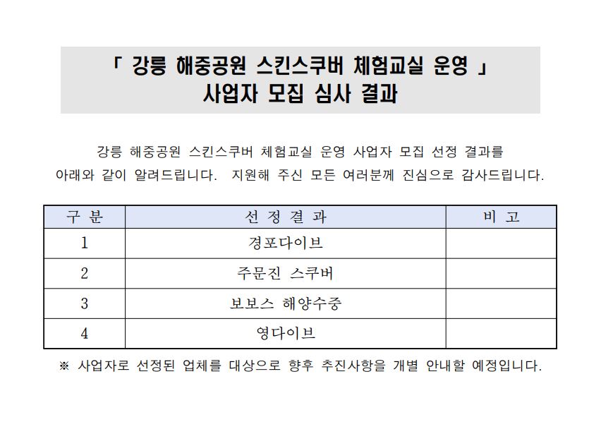 「 강릉 해중공원 스킨스쿠버 체험교실 운영 」사업자 모집 심사 결과 안내.JPG